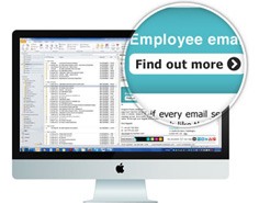3 steps to success - make your email media designs work for you 11 An Apple desktop monitor with a spreadsheet on the screen; a cut out circle shows a zoomed-in section of the screen that reads "Find out more".