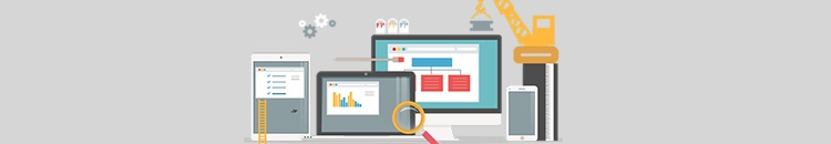 7 signs your email signature needs a new year service A graphic of a range of computer, tablet and mobile devices, surrounded by a magnifying glass and a crane.
