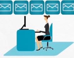 70% of consumers prefer communication by email 14 A graphic of a woman working at a desk, with a row of closed envelope icons above her.