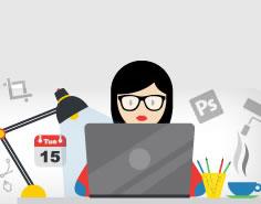 7 Reasons Why You Need A Dedicated Account Manager 10 A graphic of a woman working at a laptop, with various icons, including a paintbrush, Photoshop logo and envelop, floating in the air above her.