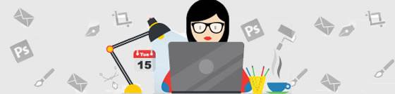 Brand-Account-Manager A graphic of a woman working at a laptop, with various icons, including a paintbrush, Photoshop logo and envelop, floating in the air above her.