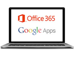 New trend is moving companies to Office 365 and Google Apps 7 A laptop with the Google Apps and Office 365 logos on the screen.