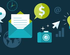 7 Email Branding Tips To Drive Customer Engagement 12 A range of icons, including a camera, dollar sign, letter and clock on a blue background.