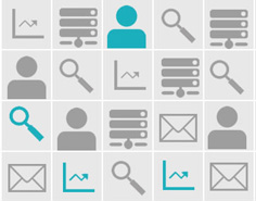 Rocketseed deploys next generation server monitoring 10 Five different icons: a person, a magnifying glass, a graph, and a scale, repeated in a grid of 4X5 squares.