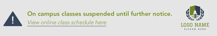 email-signature-crisis-announcement-rocketseed-email-banners An email banner with a warning symbol next to the message "On campus classes suspended until further notice. View online class schedules here", next to a mockup of a logo.