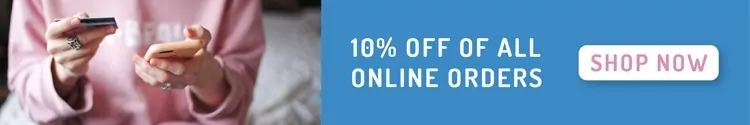 email-signature-marketing-discounts-specials-rocketseed An email banner with the message "10% OFF OF ALL ONLINE ORDERS" and a "SHOP NOW" button, next to a photo of a woman holding a credit card and a smartphone.