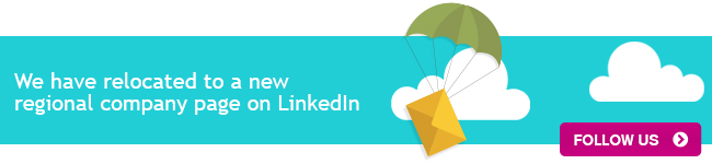 LinkedInBanner An email banner with the words We have relocated to a new regional company page on LinkedIn next to a graphic of an envelope being carried by an umbrella on a background of flags, and a button that says Follow Us.