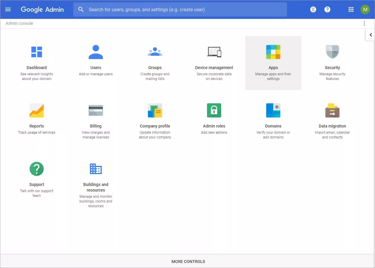 step 1 A screenshot of the Google Admin console, with the App icon selected.
