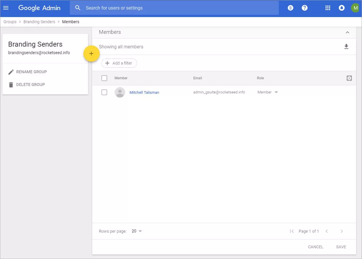 step 14 A screenshot of a page titled Branding Senders on the Google Admin console with a graphic yellow plus sign over the top.