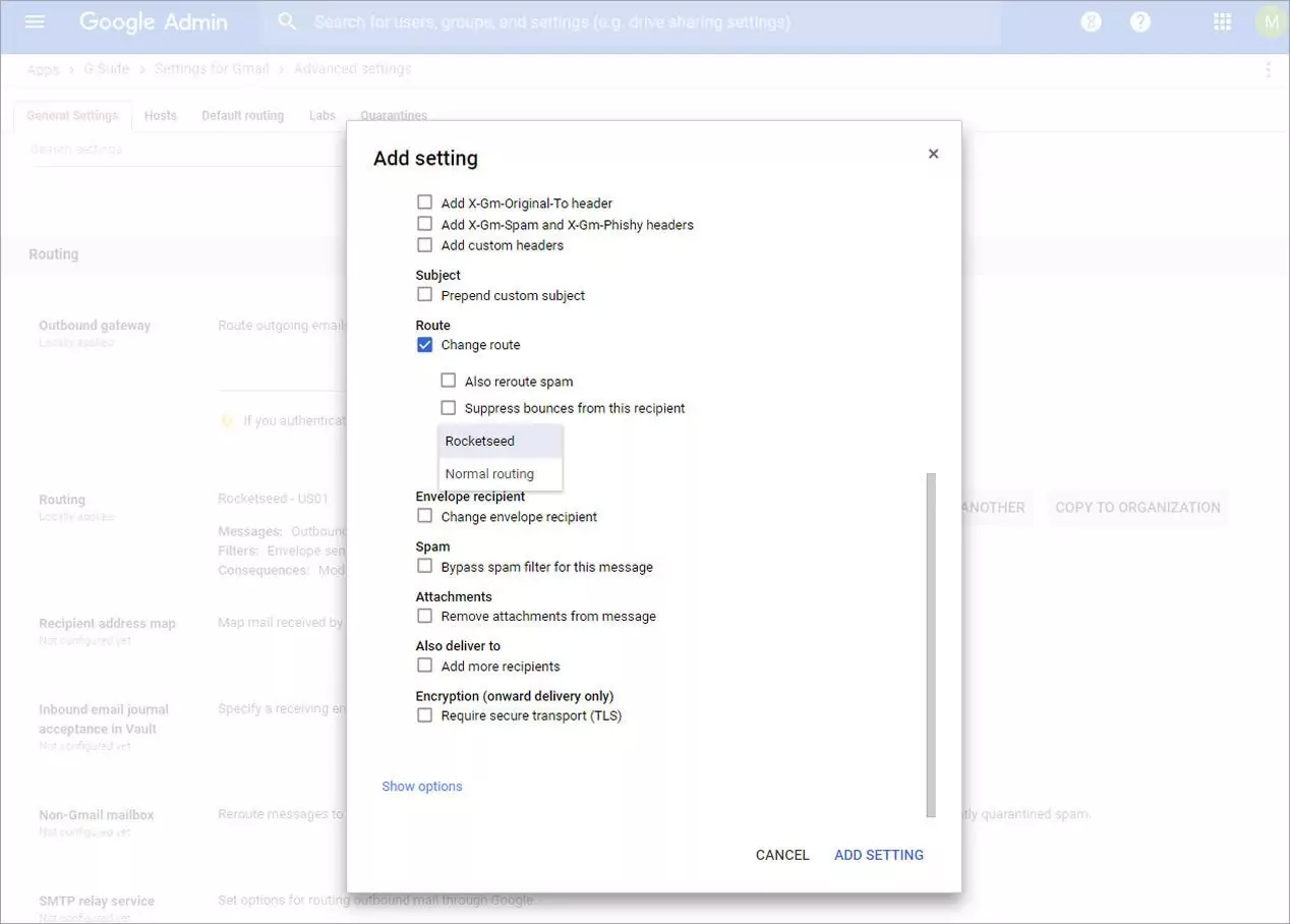 step 15 A screenshot of the Google Admin console with a pop-up window titled Add setting, with Change Route selected.