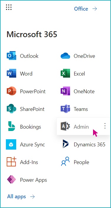 Step 2 A screenshot of a Microsoft 365 console, with a pink arrow hovering over "Admin" on the menu.