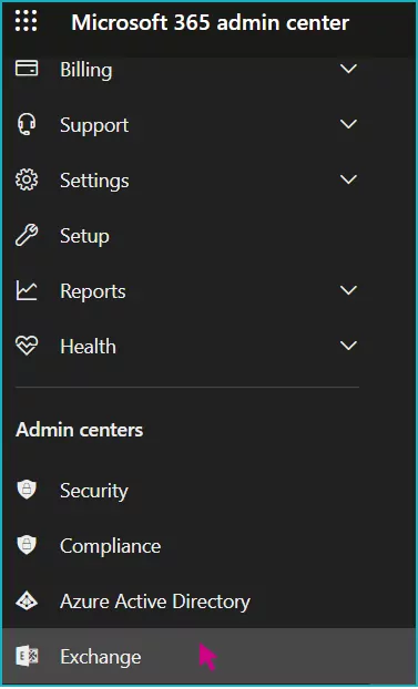 Step 3 A screenshot of the Microsoft 365 admin center, with a pink arrow hovering over "Exchange".