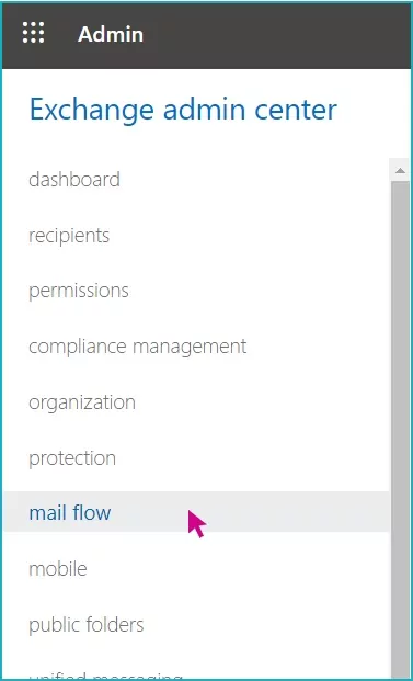 Step 4 A screenshot of the Exchange admin center, with a pink arrow hovering over "mail flow".