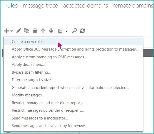 step 6 A screenshot of a selection window titled Rules, with a pink arrow selecting "Create a new rule".