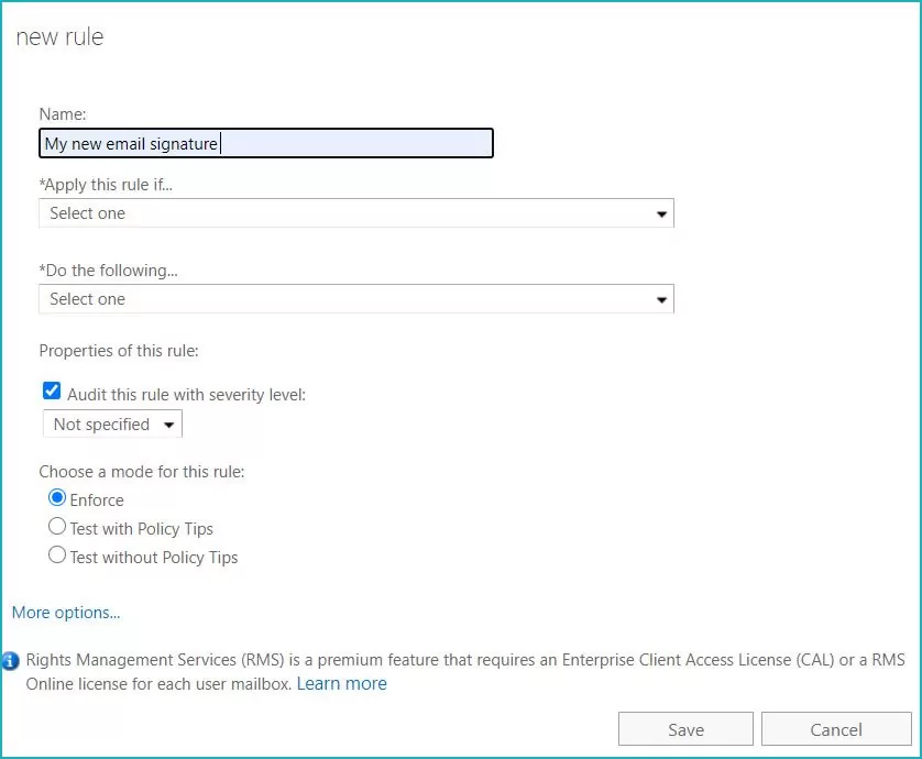 step 7 A screenshot of a window titled "new rule" with "My new email signature" typed under "Name".
