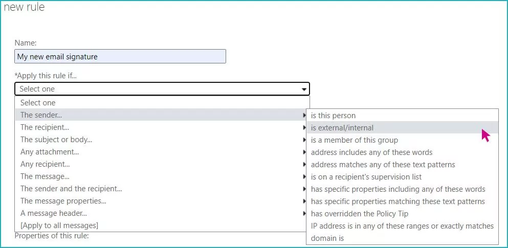 step 9 A screenshot of a window titled "new rule" with "the sender is internal/external" selected.