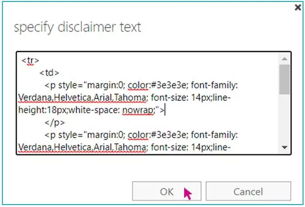 step 11 A screenshot of a selection window titled specify disclaimer text, with a pink arrow hovering over the "OK" button.