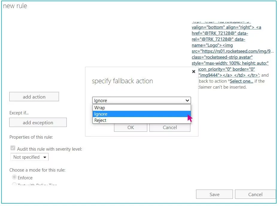 step 12 A screenshot of a selection window titled new rule, with a pop-up window titled Specify Fallback Action, with Ignore selected from a dropdown menu.