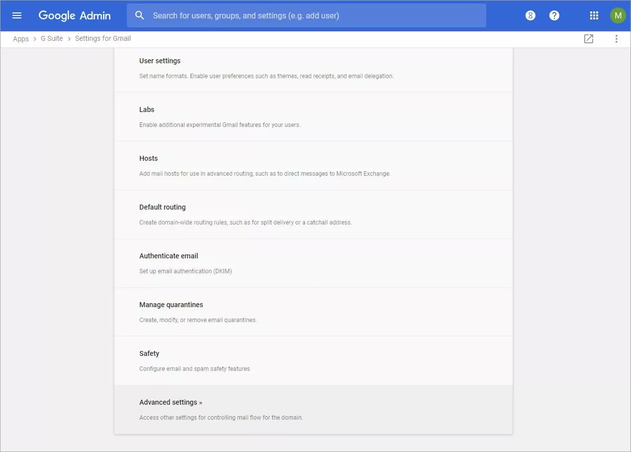 step 4 A screenshot of the Settings for Gmail page of the Google Admin console.
