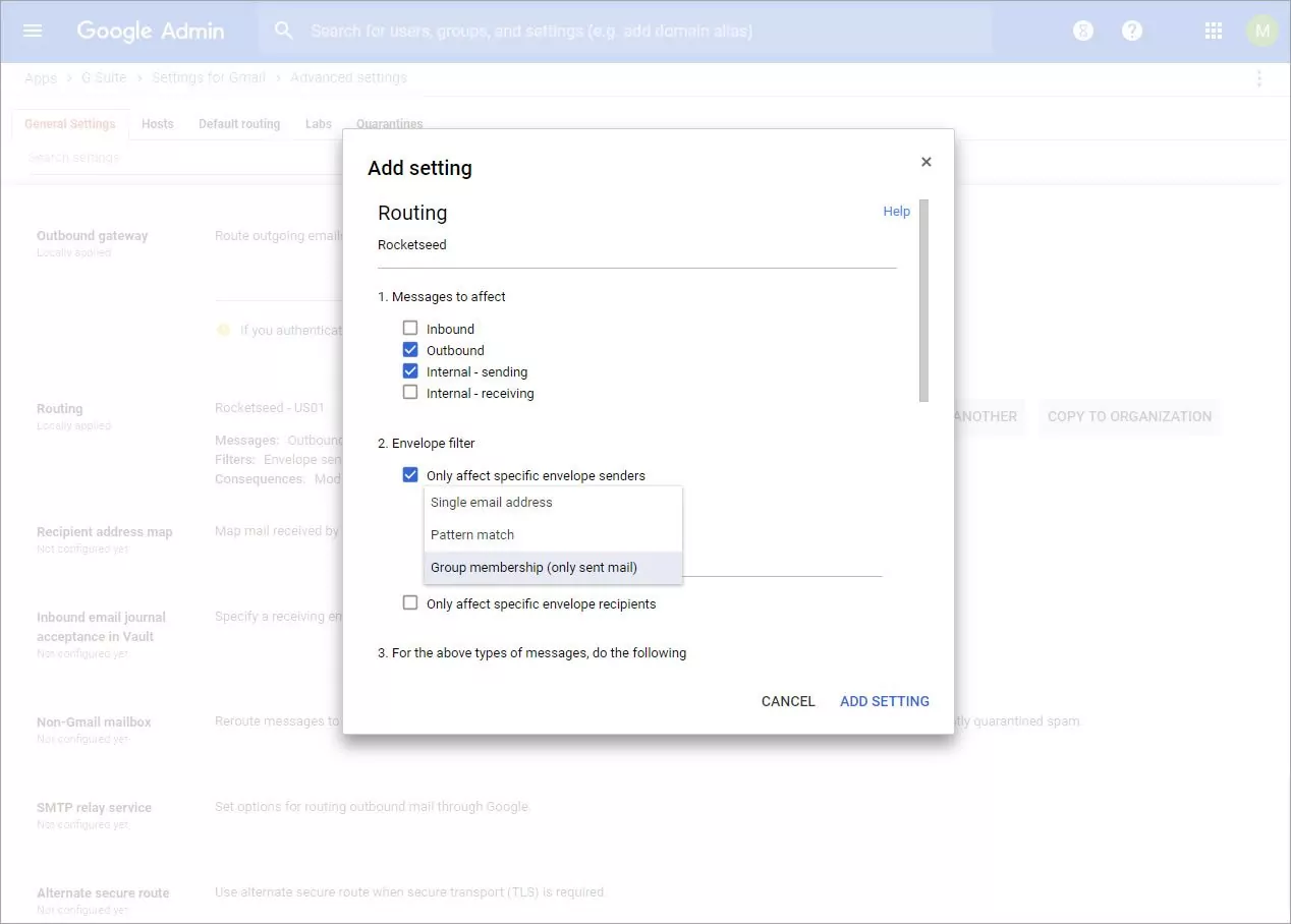 step 9v2 A screenshot of the Google Admin console with a pop-up window titled Add setting.