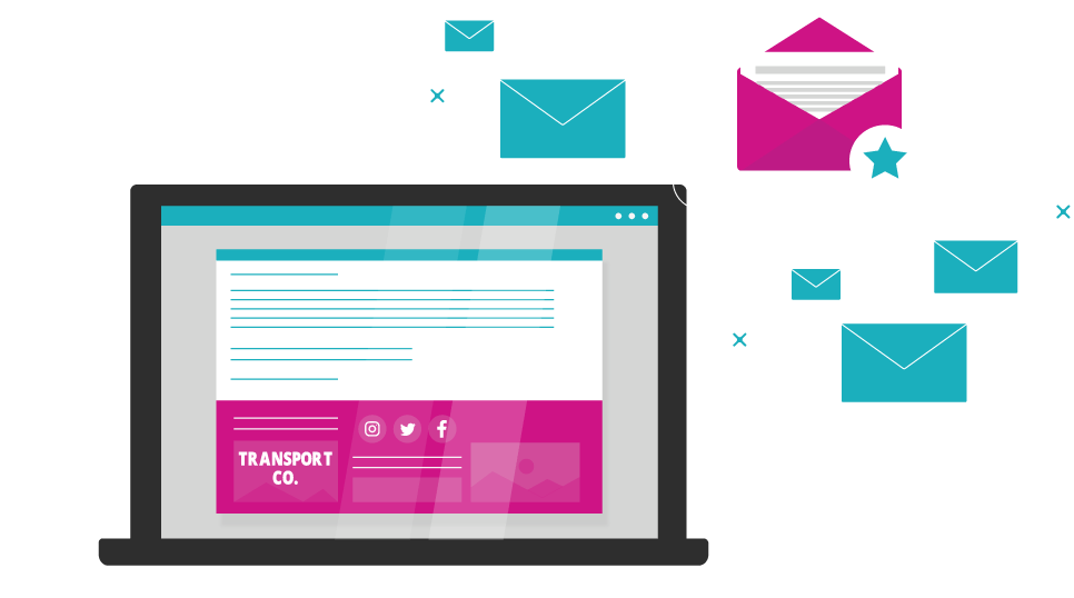 Email Signature Marketing for Transportation & Logistics A graphic depicting a laptop with an email on screen, surrounded by various closed envelopes and a speech bubble with an open envelope inside.
