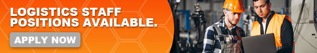 Sales-Manager-position-available An email banner with the message "LOGISTICS STAFF POSITIONS AVAILABLE" and an "APPLY NOW" button, next to a photo of two men in construction gear, looking at a tablet.