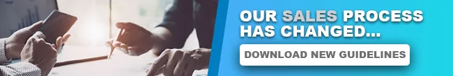 Our-sales-process-has-changed. An email banner with the words "OUR SALES PROCESS HAS CHANGED... DOWNLOAD NEW GUIDELINES" next to an image of two pairs of hands, one holding a phone.