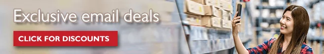 Email-exclusive-deals An email banner with the message "Exclusive email deals" and a "CLICK FOR DISCOUNTS" button, next to a photo of a woman holding up a smartphone and smiling.