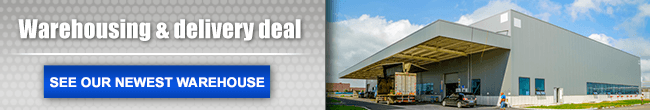 Warehousing-&-delivery-deal An email banner with the message "Warehousing & delivery deal" and a "SEE OUR NEWEST WAREHOUSE" button, next to a photo of a large warehouse exterior.