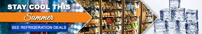 Stay-cool-this-Summer An email banner with the message "Stay Cool This Summer See Refrigeration Deals", next to photos of commercial fridges and ice cubes.