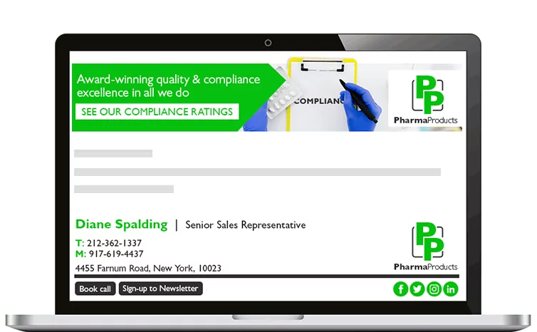 Branded-email-examples-pharmaceutical-industry A laptop showing an email from Diane Spalding on screen, with a PharmaProducts branded banner and email signature.