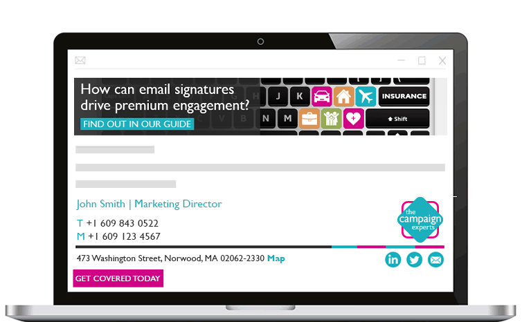Branded Email Signature - Insurance A laptop showing an email from Emma Johnson on screen, with a The Campaign Experts branded banner and email signature.