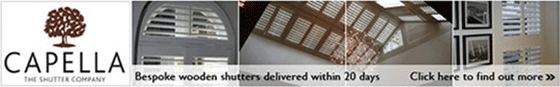 capella-shutters-email-banner An email banner with the Capella Shutters logo on the left hand side, next to four images of different shutters, with the words "Bespoke wooden shutters delivered within 20 days Click here to find out more" along the bottom.
