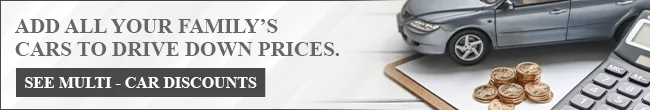 Car insurance email banner An email banner with the words "ADD ALL YOUR FAMILY'S CARS TO DRIVE DOWN PRICES" and a "SEE MULTI-CAR DISCOUNTS" button, next to a photo of a shrunken car, a stack of coins and a calculator.