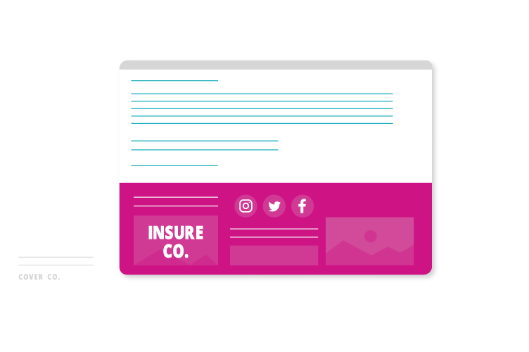 Competitive Email Signature campaigns for Insurers A graphic of an INSURE CO. email banner, surrounded by stars and documents.
