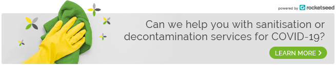 COVID-19 sanitation service email signature banner An email banner with the message "Can we help you with sanitisation or decontamination services for COVID-10?" and a "LEARN MORE" button, next to a photo of a gloved hand holding a cleaning cloth.