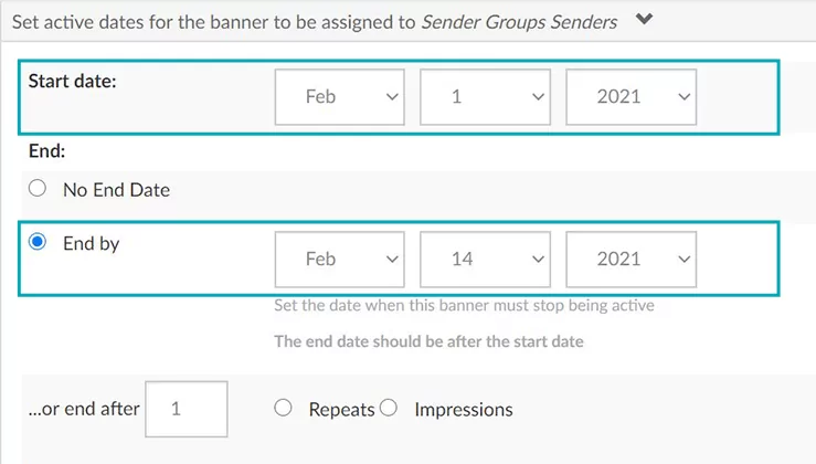 Custom date scheduling for email signature marketing campaigns A selection window titled Set active dates for the banner to be assigned to Sender Groups Senders.