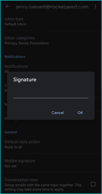Edit text - Android phone A screenshot from an Android Phone with a of a pop-up titled "Signature", with a line and buttons for "OK" and "Cancel" below.