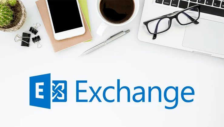 Email Signature Manager for Exchange A birds-eye-view of a desk with various stationary and tech visible, with the Exchange below.