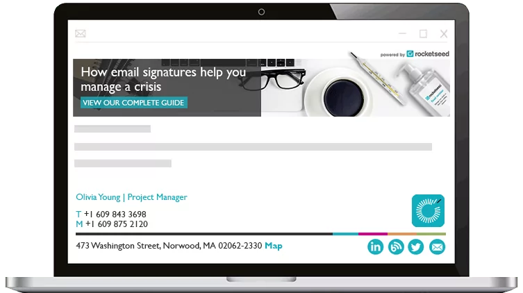 Email Signature Marketing for Crisis Management A laptop showing an email from Olivia Young on screen, with a Rocketseed branded banner and email signature.
