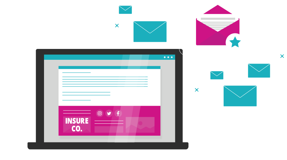 Email signature Marketing for Insurers A graphic depicting a laptop with an email on screen, surrounded by various closed envelopes and a speech bubble with an open envelope inside.