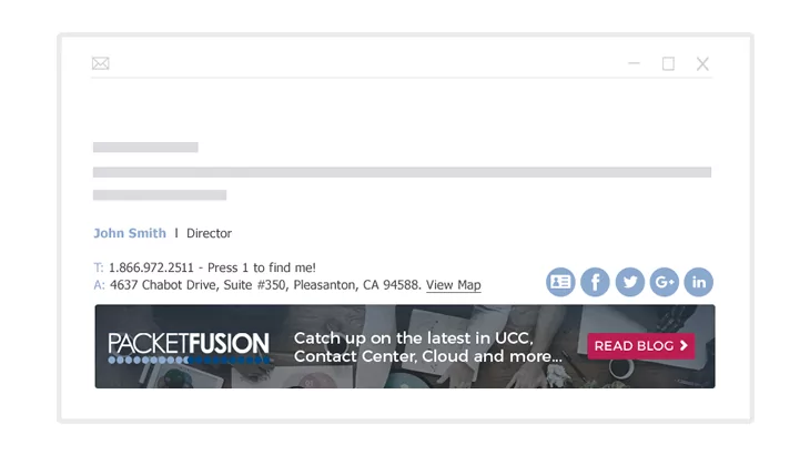 Email signature Marketing.fw An email mockup showing a signature for John Smith with his contact details, and a banner for PacketFusion.
