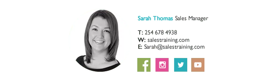 head shot.fw An email signature banner for Sarah Thomas, Sales Manager with a profile picture, contact details, and various social media icons along the bottom.