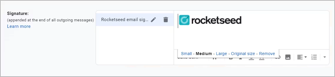 How ro resize logo in gmail small medium or large.fw A screenshot of the Gmail email composer, with the Rocketseed logo inserted into the text editor.