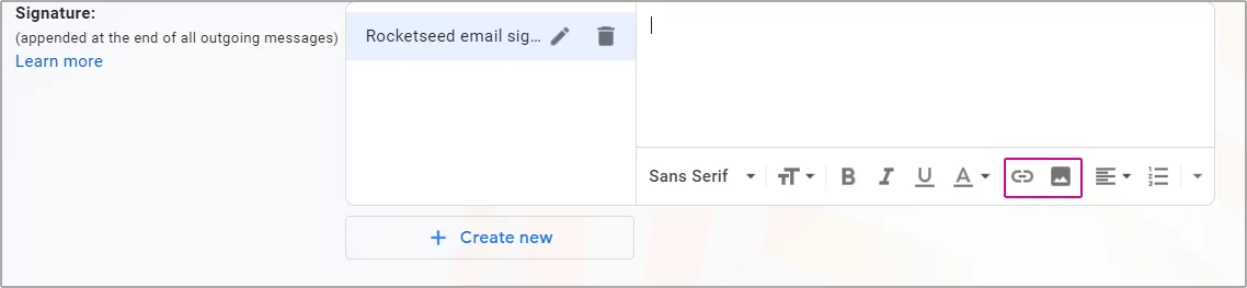 How ro resize logo in gmail.fw A screenshot of the Gmail email composer, with a red square around the Picture and Link icons.