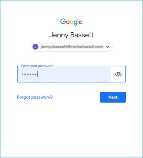how-to-create-email-signature-g-suite-rocketseed A screenshot of the GSuite login page, showing Jenny Bassett's details.