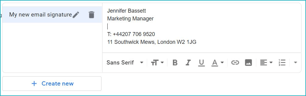 how-to-create-gsuite-email-signature-rocketseed A screenshot of the Gmail email composer, with My new email signature selected and Jenny Bassett's contact details in the text editor.