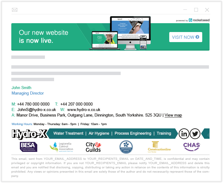 Hydro-X branded email signature example Hydro-X branded email signature example