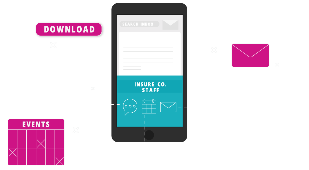 Improve Staff Engagement with Email Signature Marketing - Insurance A graphic depicting an interactive email banner on a mobile phone, leading to a staff newsletter download, an events calendar, and a feedback portal.