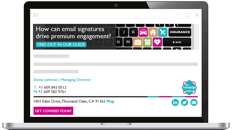 Insurance-branded-email-rocketseed-marketing A laptop showing an email from Emma Johnson on screen, with a The Campaign Experts branded banner and email signature.